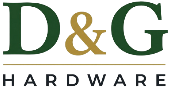 D&G Hardware logo with green and gold letters on a white background