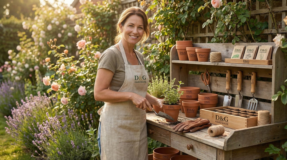 Woman in a garden setting with plants and gardening tools, wearing an apron with a brand logo.