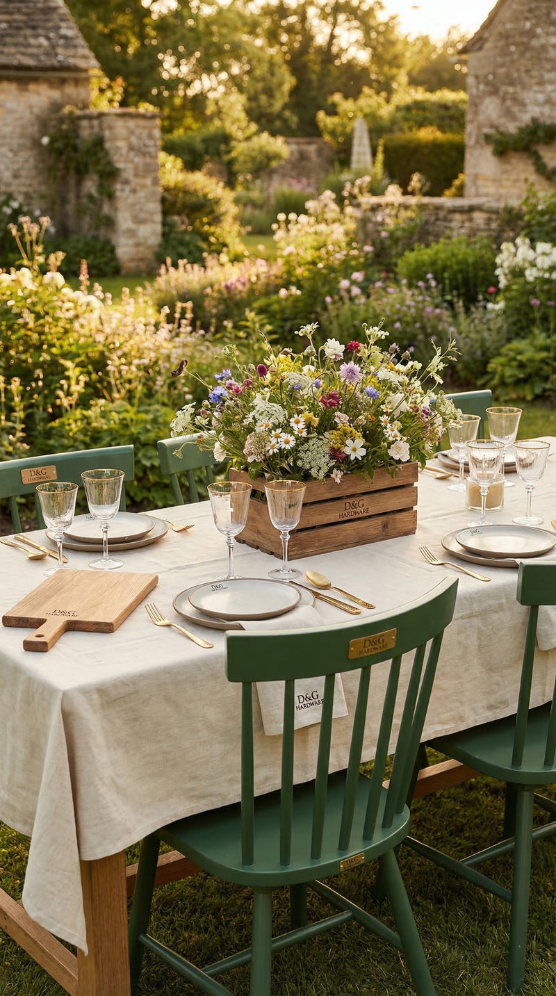 Outdoor dining setup with a table, chairs, and floral centerpiece in a garden.