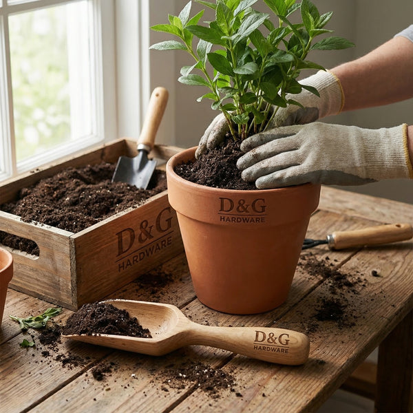 Person potting a plant with gardening tools on a wooden surface, featuring D&G Hardware branding.