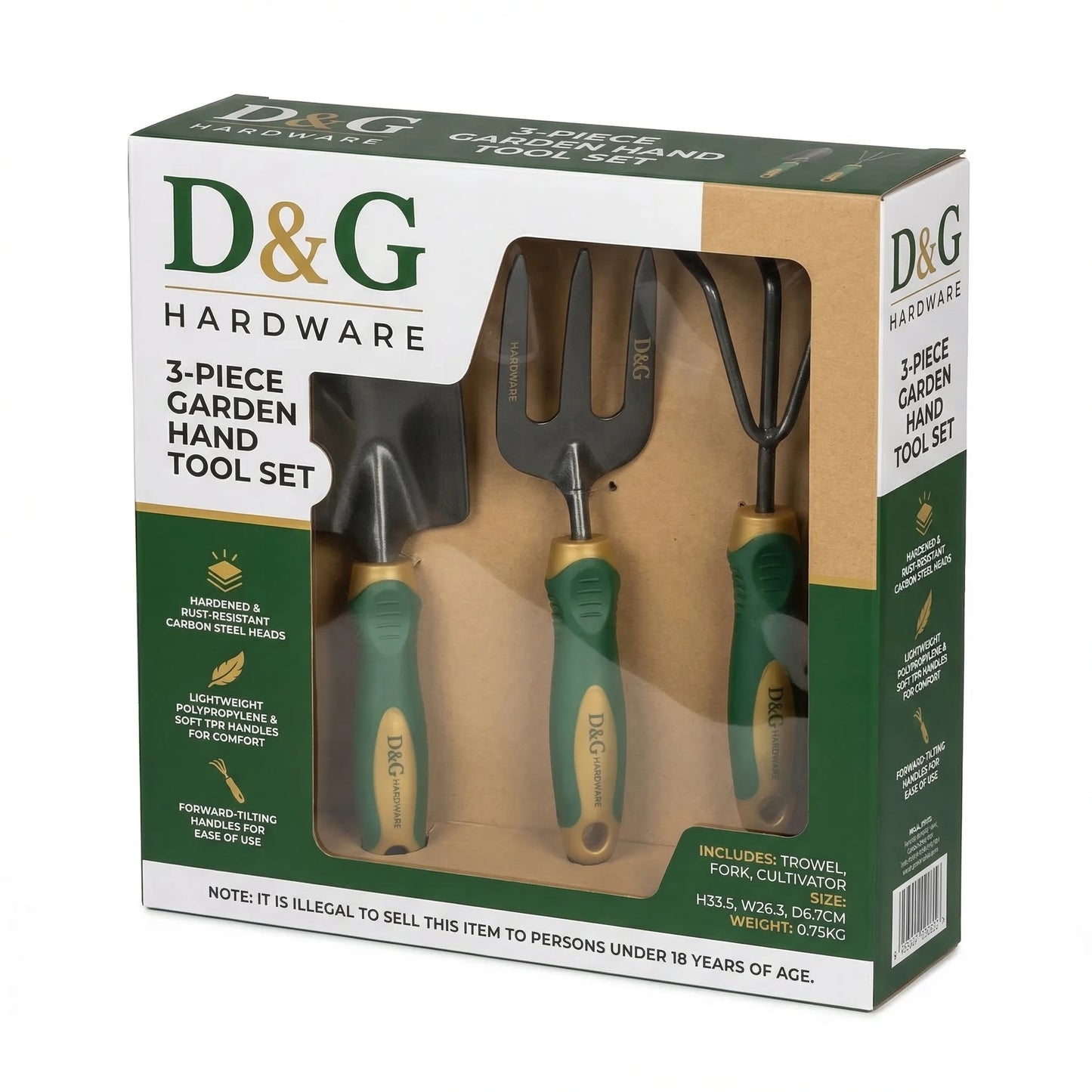 3-Piece Garden Hand Tool Set — Trowel, Fork & Cultivato