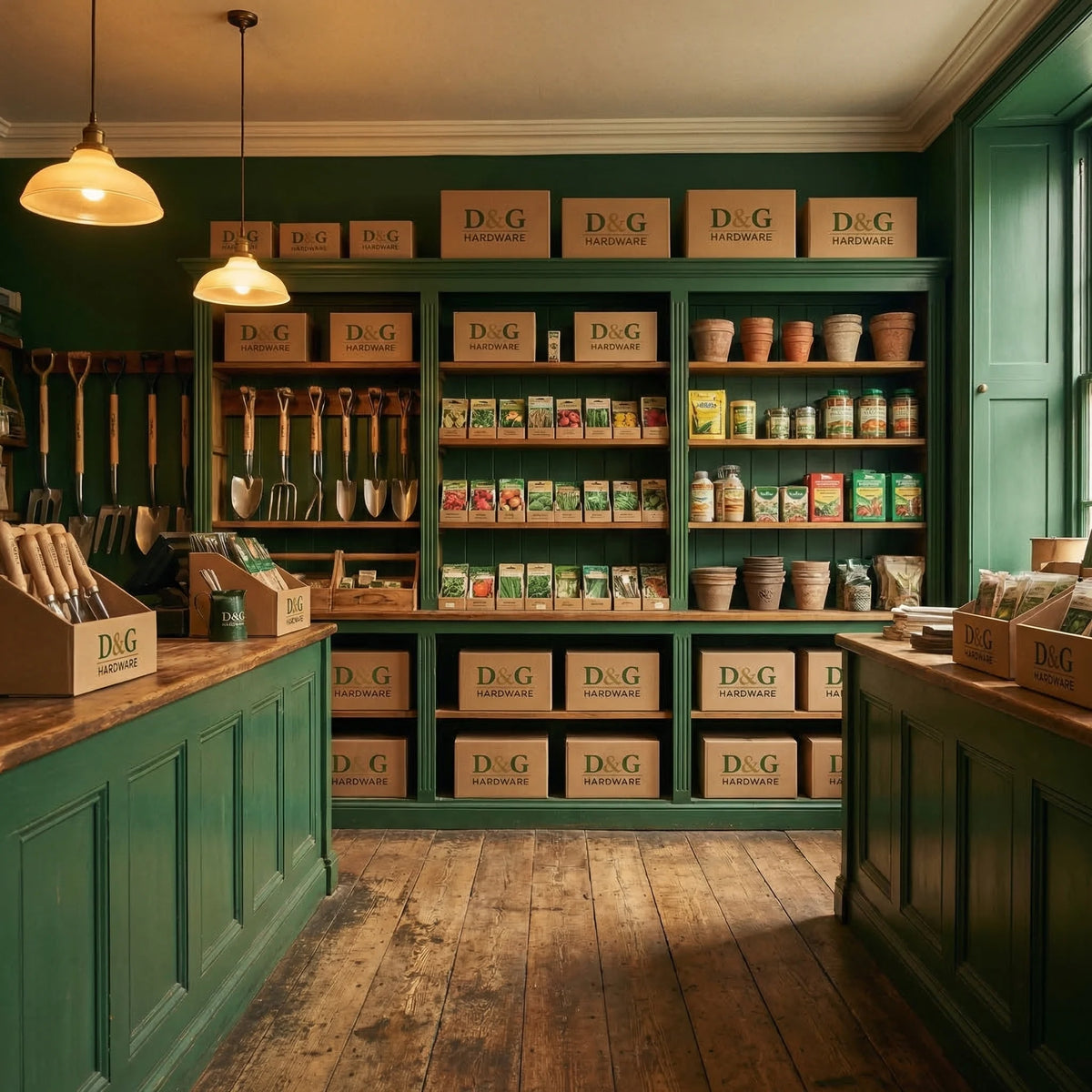 Green store interior with shelves displaying various items and boxes labeled 'D&G'.